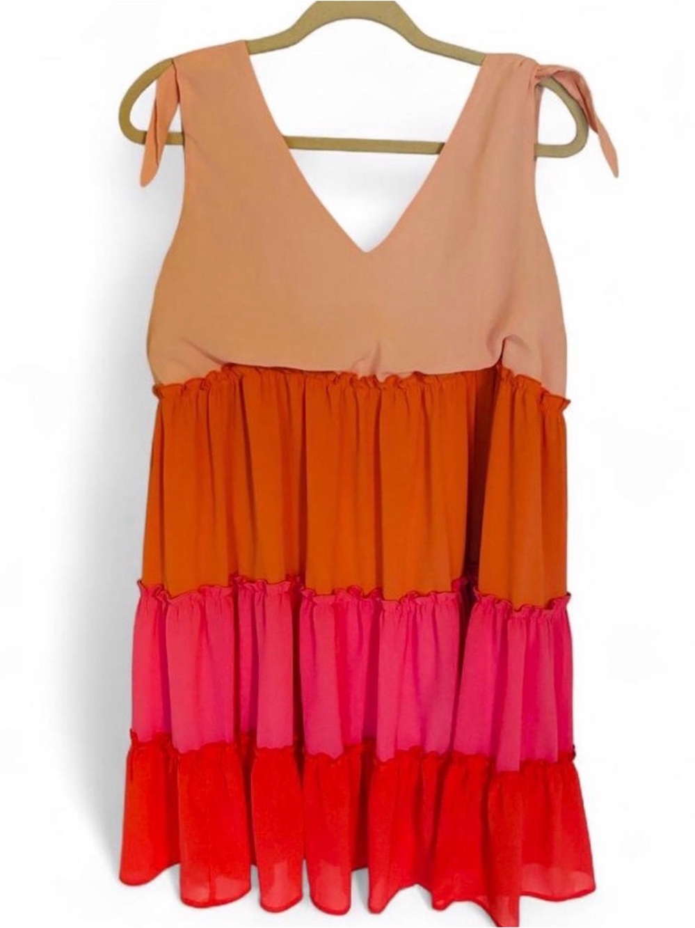 Tie Sleeve Tiered Colorblock Mini Dress in Peach, Orange, Pink, & Red